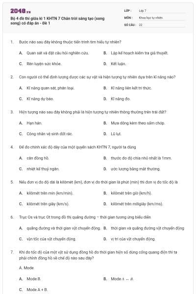Bộ 4 đề thi giữa kì 1 KHTN 7 Chân trời sáng tạo (song song) có đáp án - Đề 1