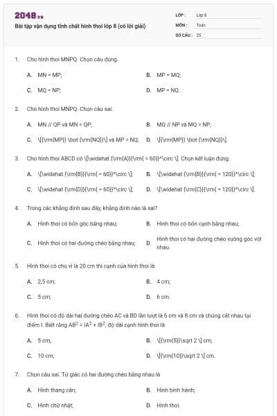 Bài tập vận dụng tính chất hình thoi lớp 8 (có lời giải)