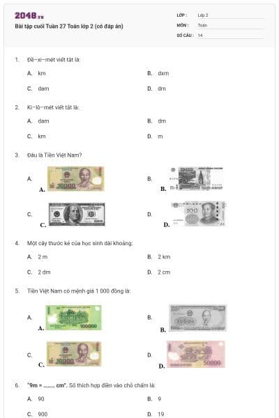 Bài tập cuối Tuần 27 Toán lớp 2 (có đáp án)
