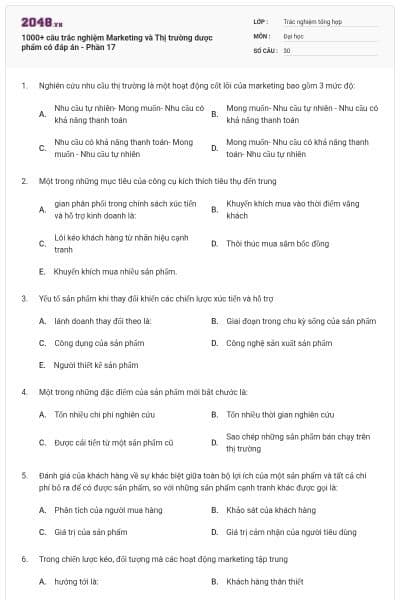 1000+ câu trắc nghiệm Marketing và Thị trường dược phẩm có đáp án - Phần 17