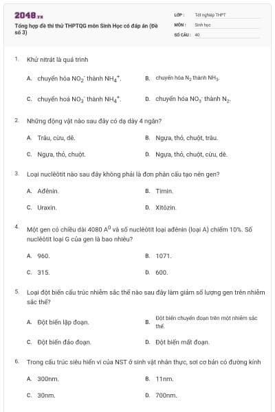 Tổng hợp đề thi thử THPTQG môn Sinh Học có đáp án (Đề số 3)