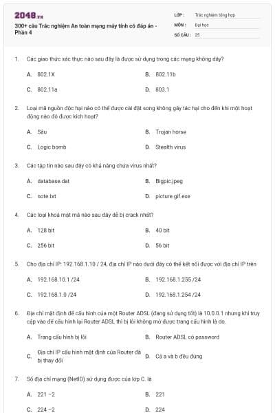 300+ câu Trắc nghiệm An toàn mạng máy tính có đáp án - Phần 4