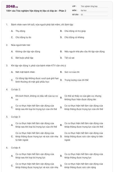 100+ câu Trắc nghiệm Vận động trị liệu có đáp án - Phần 2