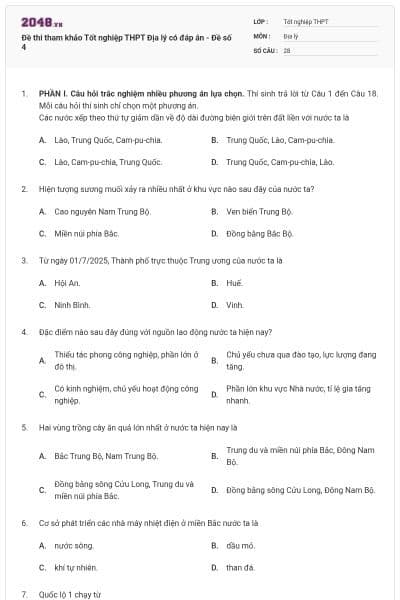 Đề thi tham khảo Tốt nghiệp THPT Địa lý có đáp án - Đề số 4
