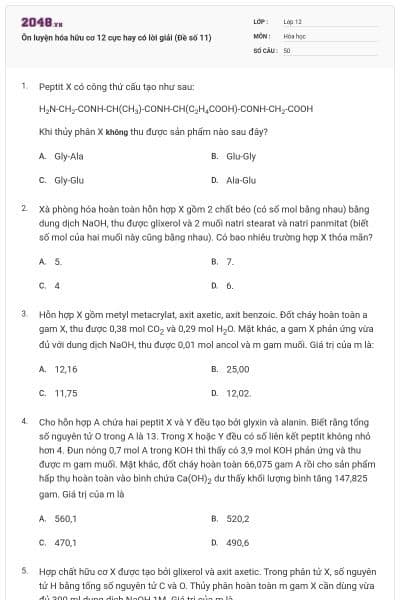 Ôn luyện hóa hữu cơ 12 cực hay có lời giải (Đề số 11)