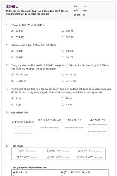 Phiếu bài tập hàng ngày Toán lớp 5 Cánh diều Bài 2. Ôn tập các phép tính với số tự nhiên (có lời giải)