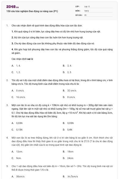 150 câu trắc nghiệm Dao động cơ nâng cao (P1)