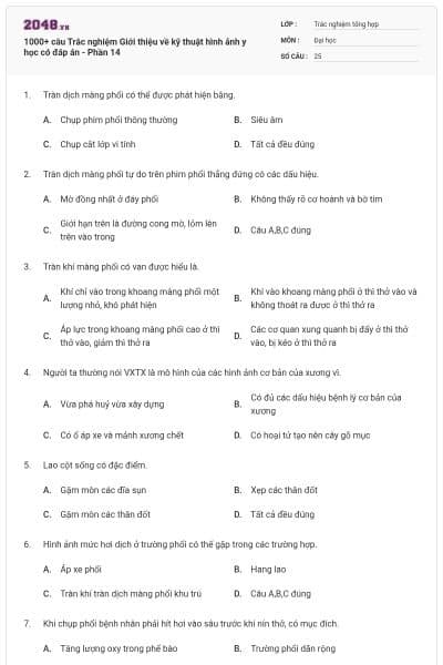 1000+ câu Trắc nghiệm Giới thiệu về kỹ thuật hình ảnh y học có đáp án - Phần 14