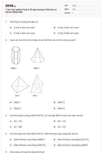 7 câu Trắc nghiệm Toán 8: Ôn tập chương 4 Hình học có đáp án (Nhận biết)