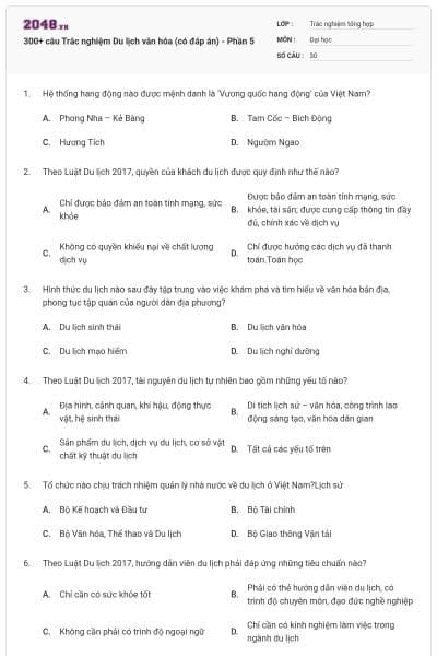 300+ câu Trắc nghiệm Du lịch văn hóa (có đáp án) - Phần 5
