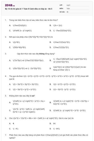 Bộ 10 đề thi giữa kì 1 Toán 8 Cánh diều có đáp án - Đề 5