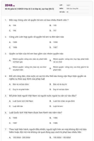 Đề thi giữa kì 2 GDCD 6 Học kì 2 có đáp án, cực hay (Đề 3)