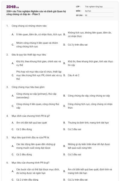 200+ câu Trắc nghiệm Nghiên cứu và đánh giá Quan hệ công chúng có đáp án - Phần 5