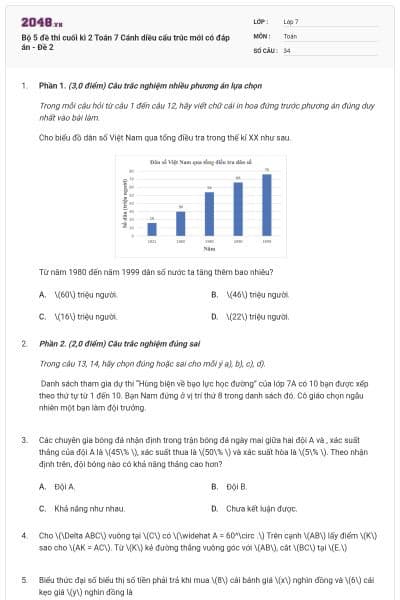 Bộ 5 đề thi cuối kì 2 Toán 7 Cánh diều cấu trúc mới có đáp án - Đề 2