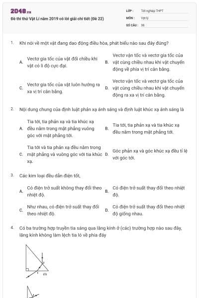 Đề thi thử Vật Lí năm 2019 có lời giải chi tiết (Đề 22)