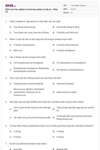 800+ câu Trắc nghiệm Vi sinh thực phẩm có đáp án - Phần 25