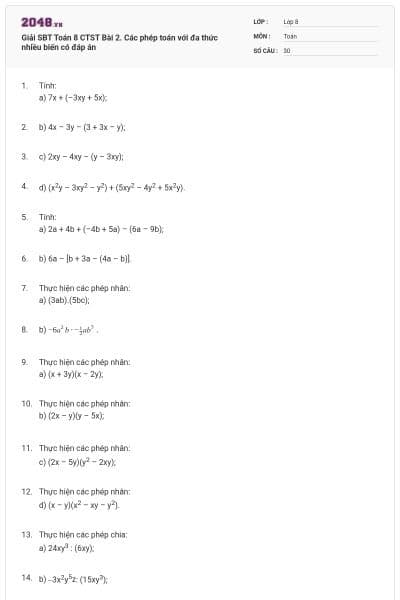 Giải SBT Toán 8 CTST Bài 2. Các phép toán với đa thức nhiều biến có đáp án