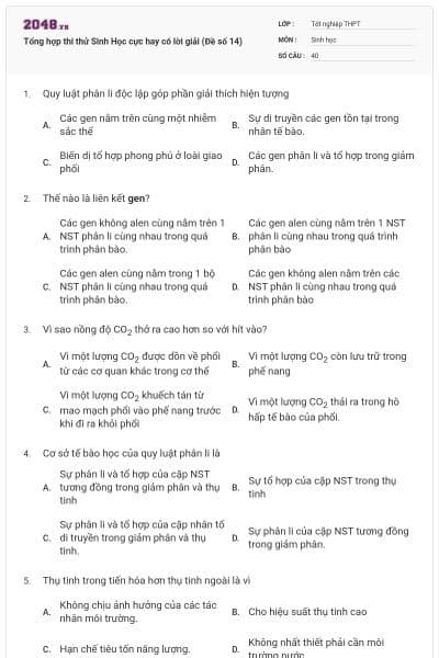 Tổng hợp thi thử Sinh Học cực hay có lời giải (Đề số 14)