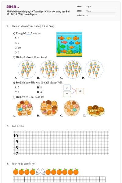 Phiếu bài tập hàng ngày Toán lớp 1 Chân trời sáng tạo Bài 12. Số 10 (Tiết 1) có đáp án