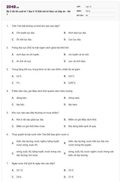 Bộ 5 đề thi cuối kì 1 Địa lí 10 Kết nối tri thức có đáp án - Đề 1