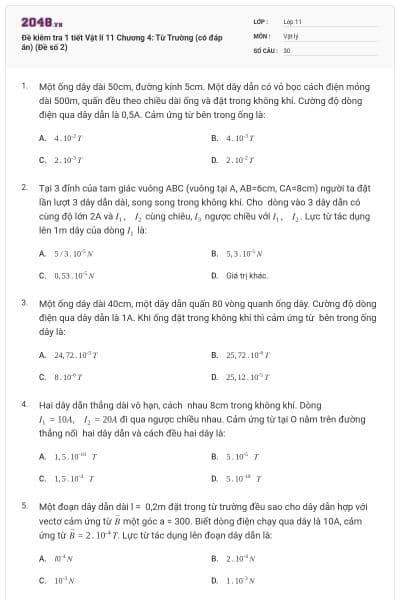 Đề kiêm tra 1 tiết Vật lí 11 Chương 4: Từ Trường (có đáp án) (Đề số 2)