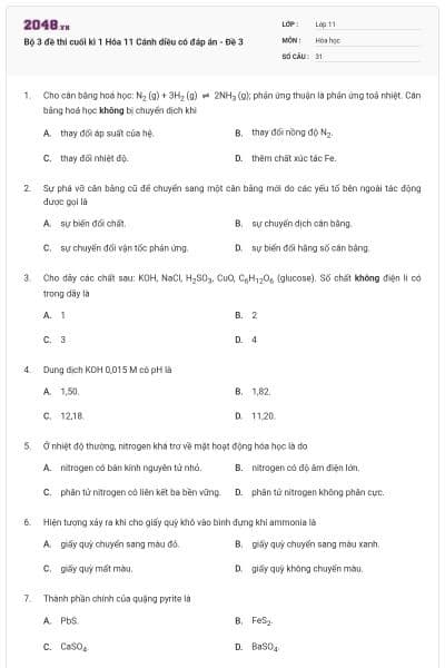 Bộ 3 đề thi cuối kì 1 Hóa 11 Cánh diều có đáp án - Đề 3