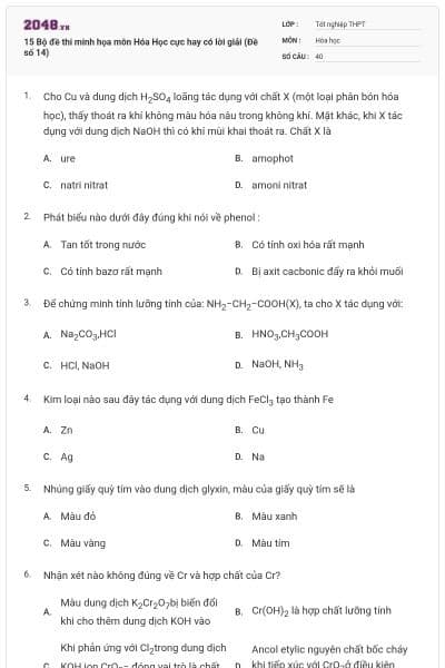 15 Bộ đề thi minh họa môn Hóa Học cực hay có lời giải (Đề số 14)