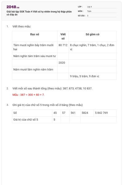 Giải bài tập SGK Toán 4 Viết số tự nhiên trong hệ thập phân có đáp án