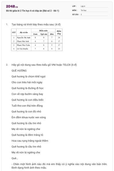 Đề thi giữa kì 2 Tin học 6 có đáp án (Bài số 2 - Đề 1)