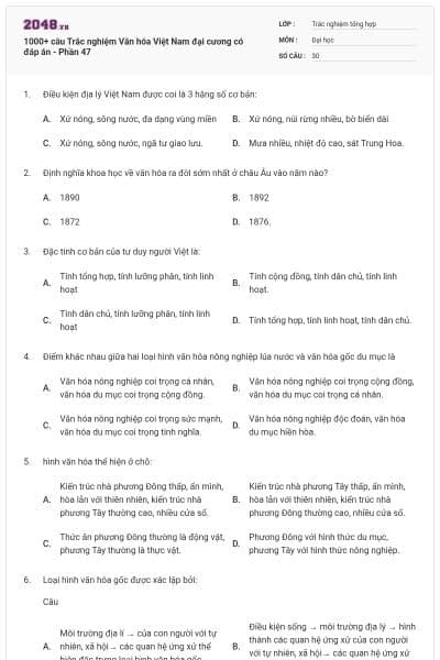 1000+ câu Trắc nghiệm Văn hóa Việt Nam đại cương có đáp án - Phần 47