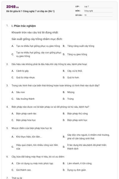 Đề thi giữa kì 1 Công nghệ 7 có đáp án (Đề 1)