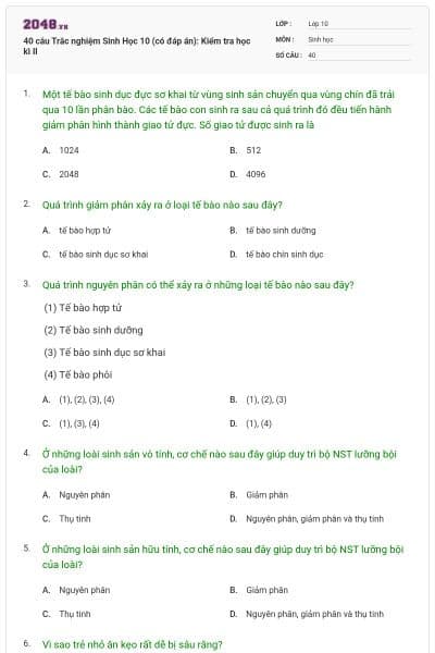 40 câu Trắc nghiệm Sinh Học 10 (có đáp án): Kiểm tra học kì II