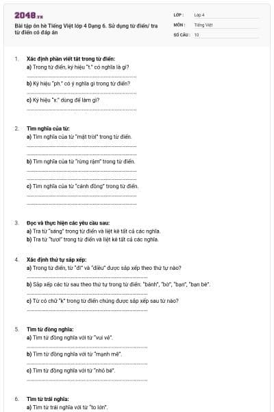 Bài tập ôn hè Tiếng Việt lớp 4 Dạng 6. Sử dụng từ điển/ tra từ điển có đáp án