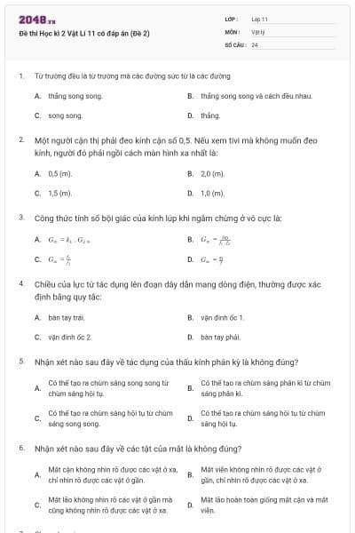 Đề thi Học kì 2 Vật Lí 11 có đáp án (Đề 2)