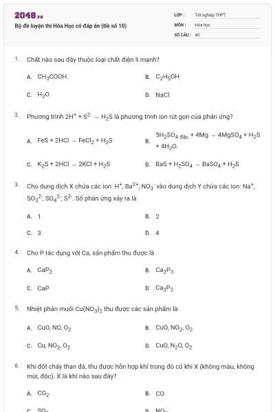 Bộ đề luyện thi Hóa Học có đáp án (Đề số 10)