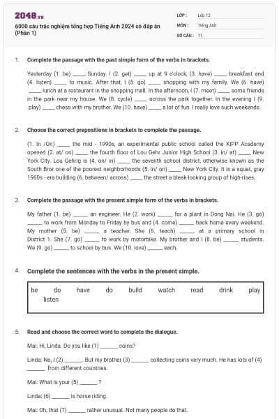 6000 câu trắc nghiệm tổng hợp Tiếng Anh 2024 có đáp án (Phần 1)