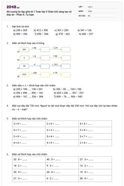 Đề cương ôn tập giữa kì 1 Toán lớp 3 Chân trời sáng tạo có đáp án - Phần II. Tự luận