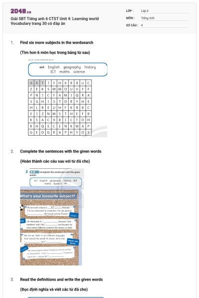Giải SBT Tiếng anh 6 CTST Unit 4: Learning world Vocabulary trang 30 có đáp án