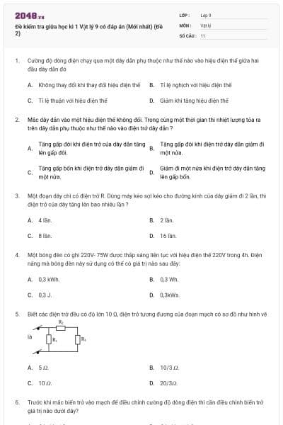 Đề kiểm tra giữa học kì 1 Vật lý 9 có đáp án (Mới nhất) (Đề 2)