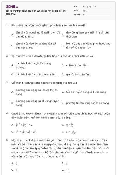 Đề thi thử thpt quốc gia môn Vật Lí cực hay có lời giải chi tiết (P12)