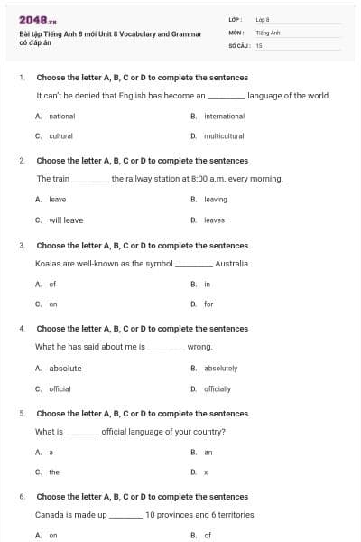 Bài tập Tiếng Anh 8 mới Unit 8 Vocabulary and Grammar có đáp án