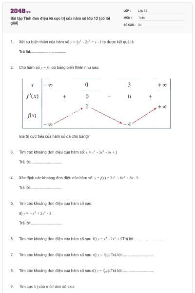 Bài tập Tính đơn điệu và cực trị của hàm số lớp 12 (có lời giải)