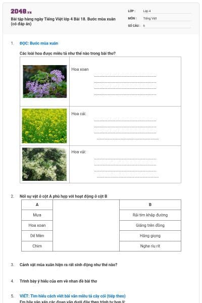 Bài tập hàng ngày Tiếng Việt lớp 4 Bài 18. Bước mùa xuân (có đáp án)