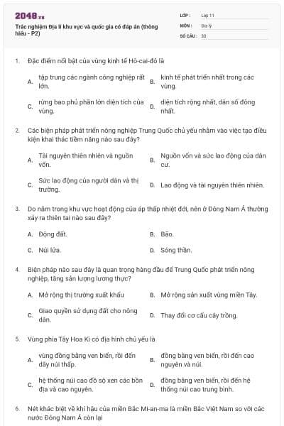 Trắc nghiệm Địa lí khu vực và quốc gia có đáp án (thông hiểu - P2)