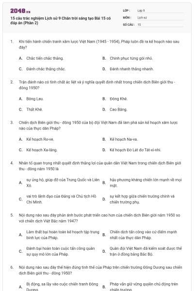 15 câu trắc nghiệm Lịch sử 9 Chân trời sáng tạo Bài 15 có đáp án (Phần 2)