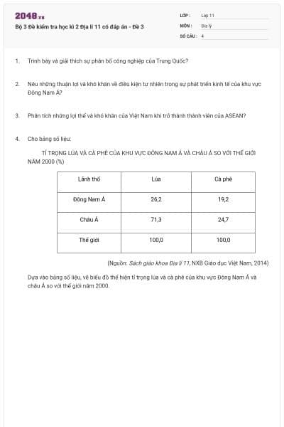 Bộ 3   Đề kiểm tra học kì 2 Địa lí 11 có đáp án - Đề 3