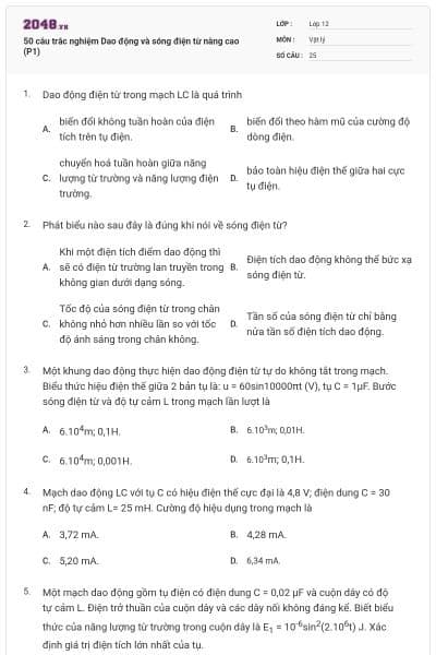 50 câu trắc nghiệm Dao động và sóng điện từ nâng cao (P1)
