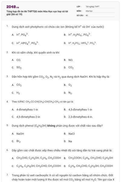 Tổng hợp đề ôn thi THPTQG môn Hóa Học cực hay có lời giải (Đề số 19)