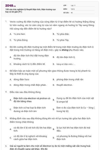 100 câu trắc nghiệm lý thuyết Điện tích, Điện trường cực hay có lời giải (P1)