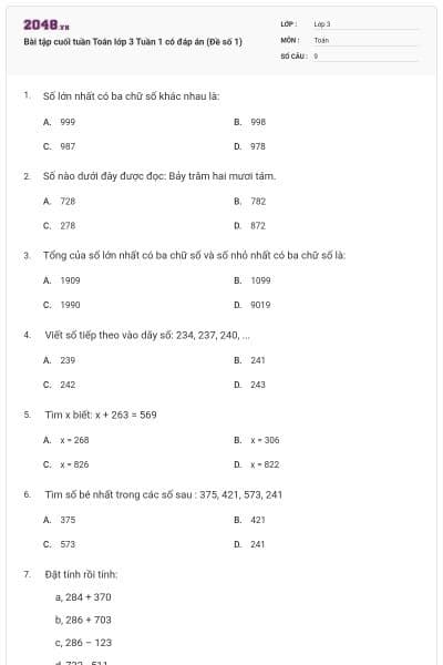 Bài tập cuối tuần Toán lớp 3 Tuần 1 có đáp án (Đề số 1)